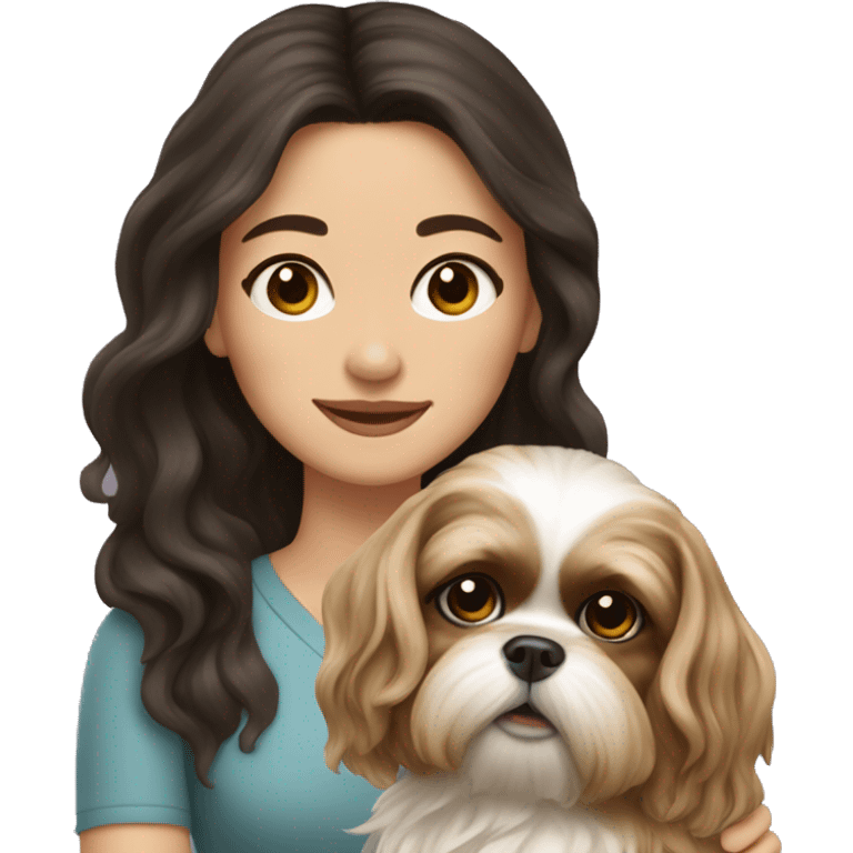 Young dark brunette hair woman with a golden shih tzu in her arms long wavy hair emoji