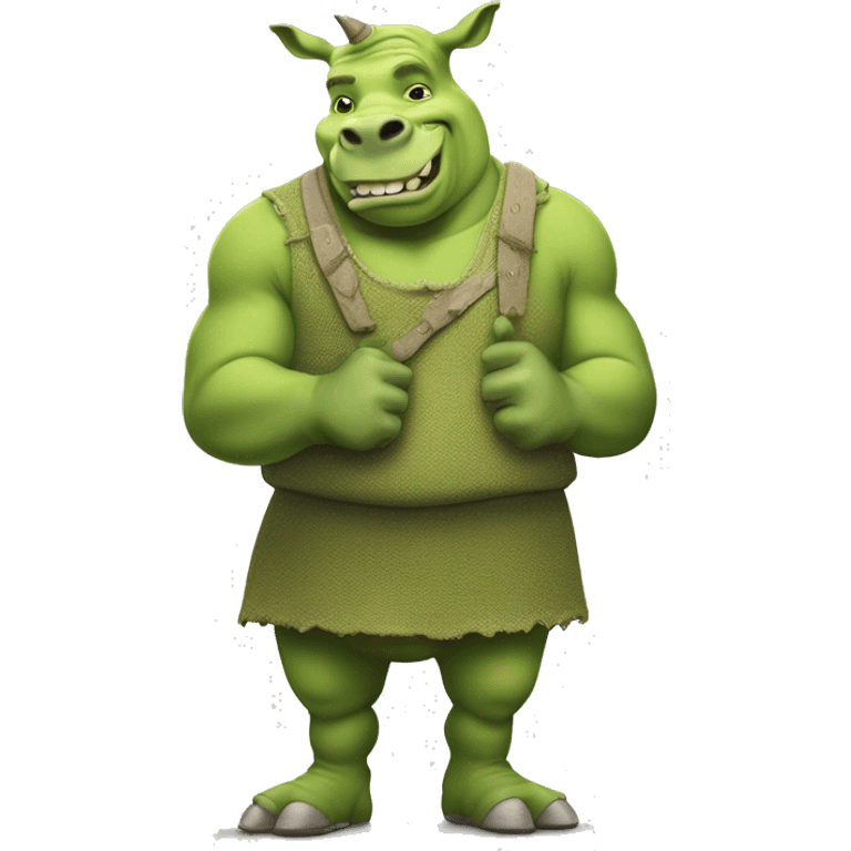 a green anthropomorphic rhinoceros cartoon character dressed as shrek emoji