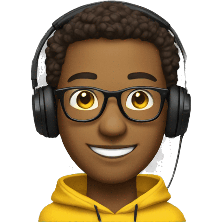 DJ brown skin, smiling, Yellow Pullover, headphones and withe glasses emoji