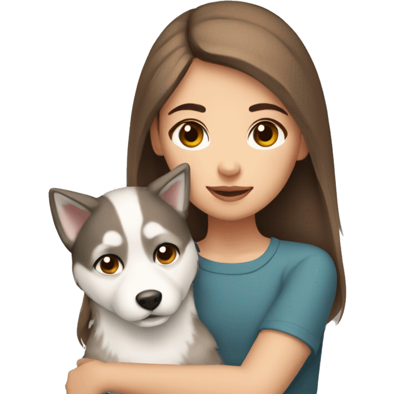 white brown hair girl with brown eyes cuddling a husky dog emoji