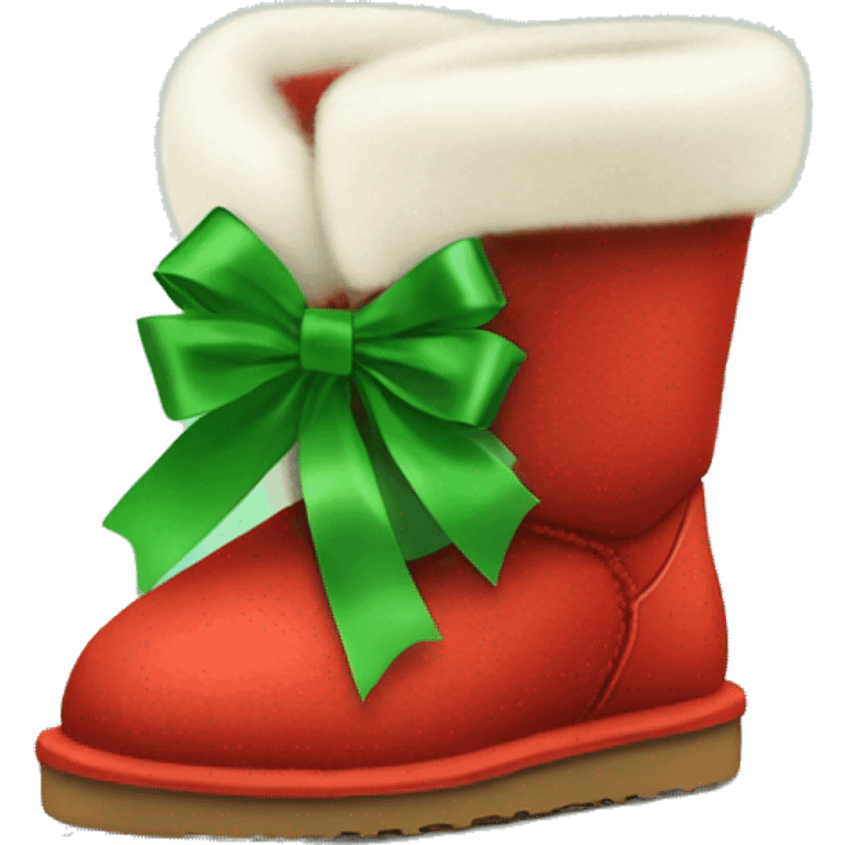 Realistic red Ugg fur boots with gree ribbon bows isolated.  emoji