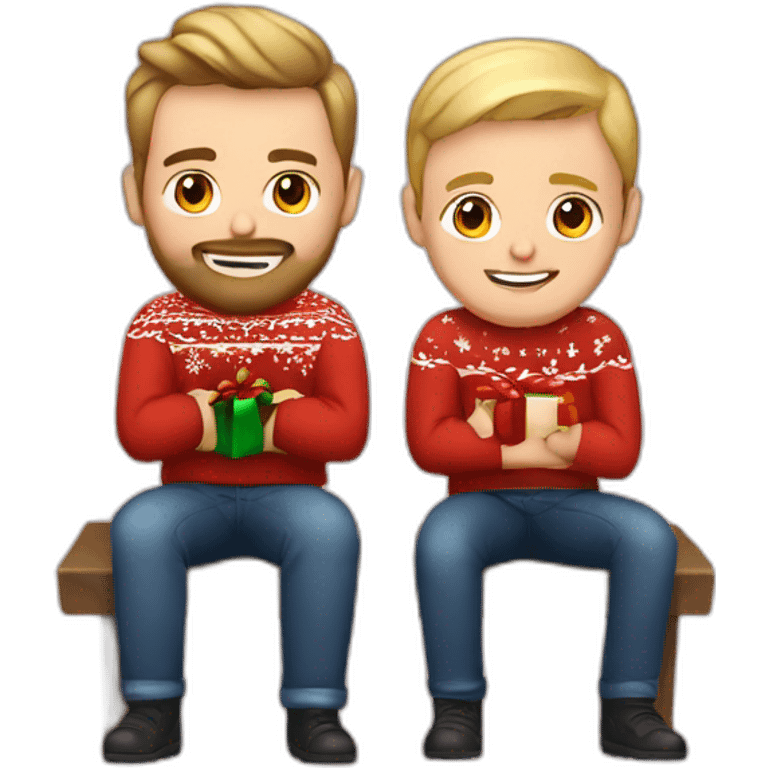 young gay couple in christmas sweathers sitting. one blond guy with beard and the other with brown hair emoji