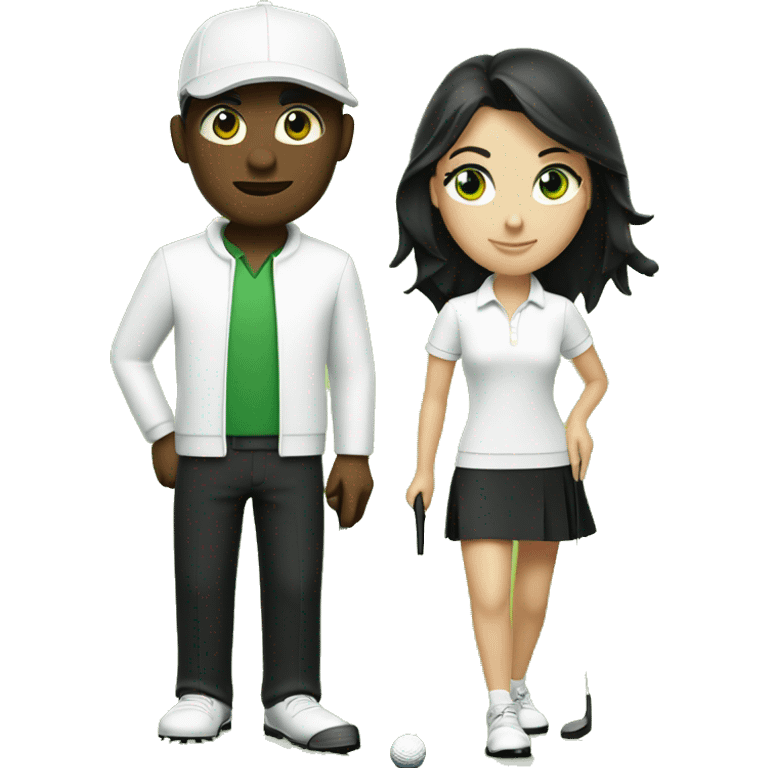 Blond men green eye wearing white golf outfit and black hair brown eye woman wearing black golf outfit playing golf. emoji