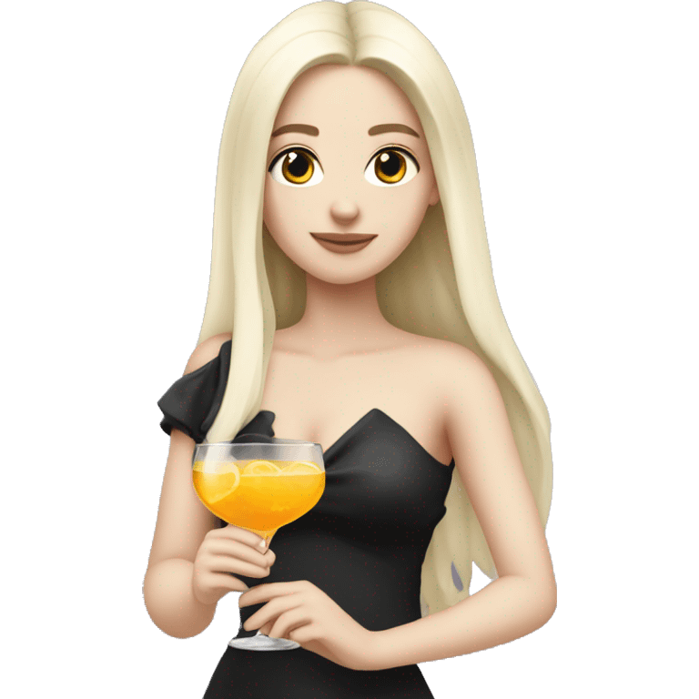 Pale girl with long black hair with chest holding cocktail emoji