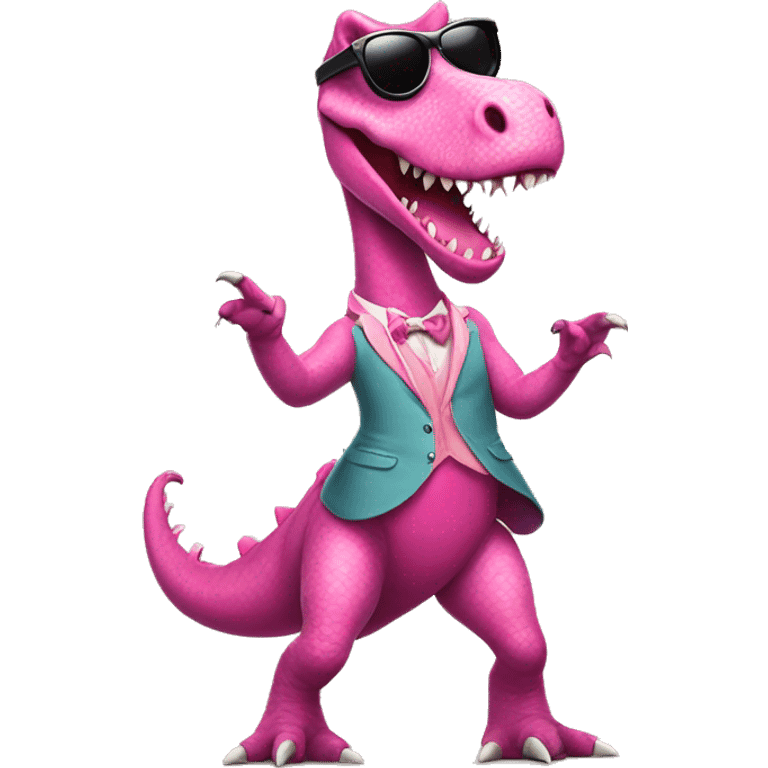 Dancing dinosaur with a pink coquette and sunglasses wearing a skirt emoji