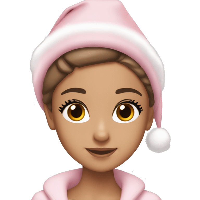 Ariana grande in a light pink christmas outfit wearing a light pink christmas hat emoji