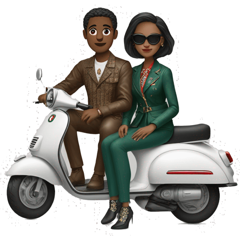 man and woman sitting on a scooter wearing  gucci glothes emoji