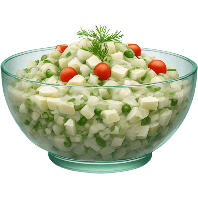 russian salad olivier on a crystal bowl, dill on top of a dish, view from the side  emoji