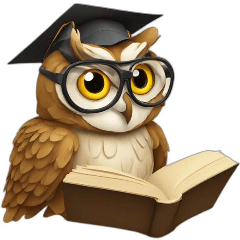 A wise owl reading a book with reading glasses emoji