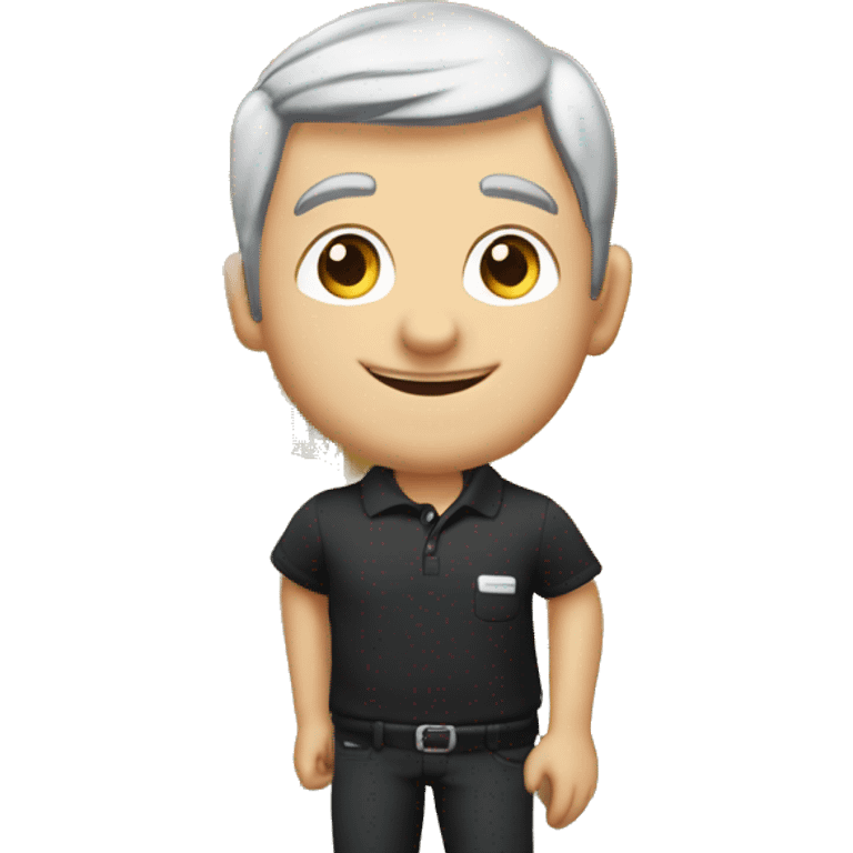 Technician with grey hair wearing a black polo shirt installs a TV onto the wall of an exhibition stand emoji