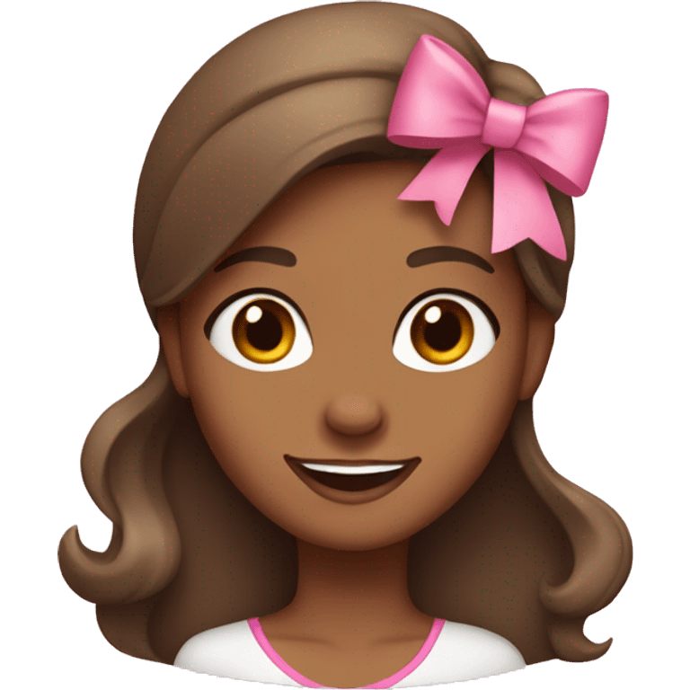 A brown girl with long wave hair smiling with a pink bow on her head emoji