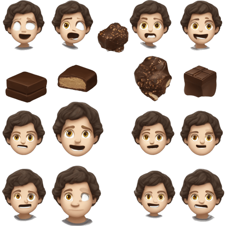 Caucasian white boy with dark hair eating chocolate emoji