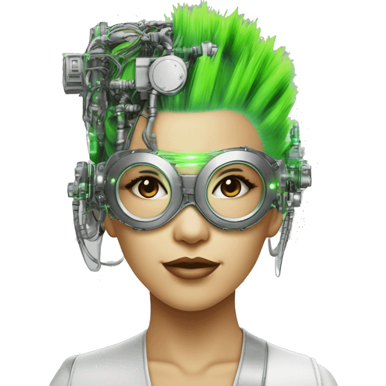 Neon green Mohawk hair Asian female cyborg head with silver steampunk goggles and circuits emoji