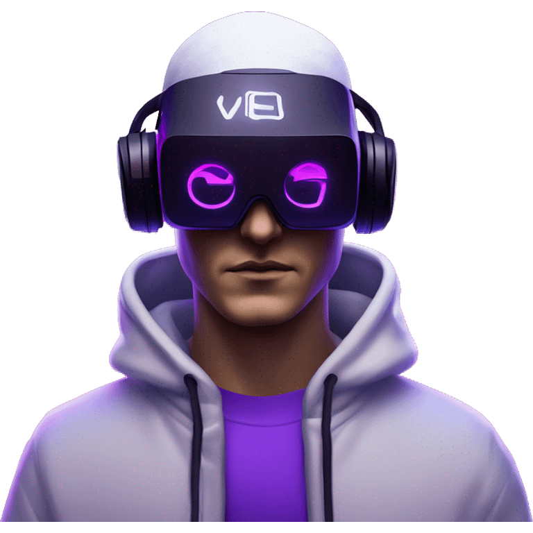 Russian man wearing a black hoodie with "OMG" letters on it and VR headset in a cyberpunk VR environment with violet neon lighting. emoji