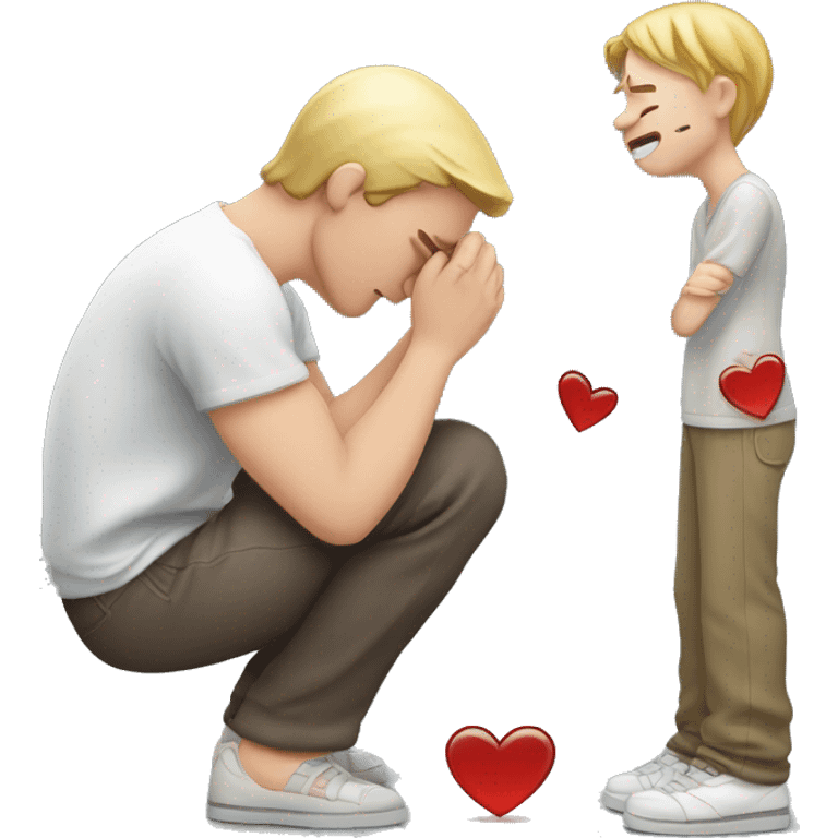 A white-skinned man kneeling and crying, trying to mend his girlfriend's broken heart. The heart is a broken emoji heart, highlighting the emotional scene. emoji