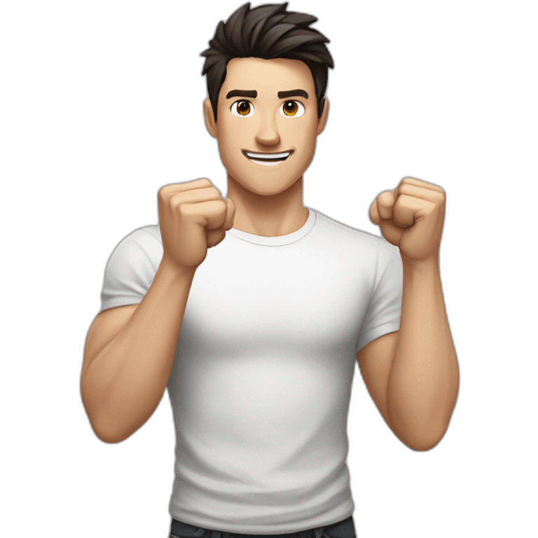 dark haired white young man in white t-shirt raising both fists in victory emoji