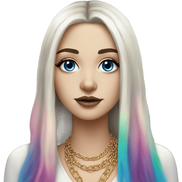 Hyperrealistic white girl with blue eyes and long black hair with rainbow fringe. Wearing gold chain necklace has dark eye makeup on her eyes emoji