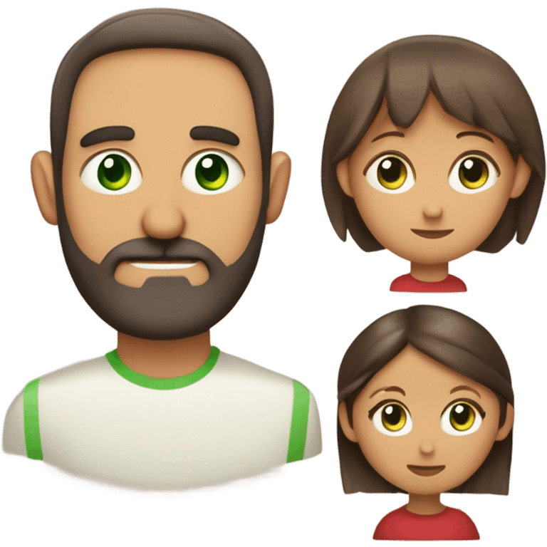 familia de tres personas: una madre de ojos verdes piel clara y pelo rojo rizado, un padre calvo de ojos verdes con barba corta y piel clara, una hija de piel clara ojos verdes con braquets y pelo liso con marrón claro y dos mechones rubios delante emoji