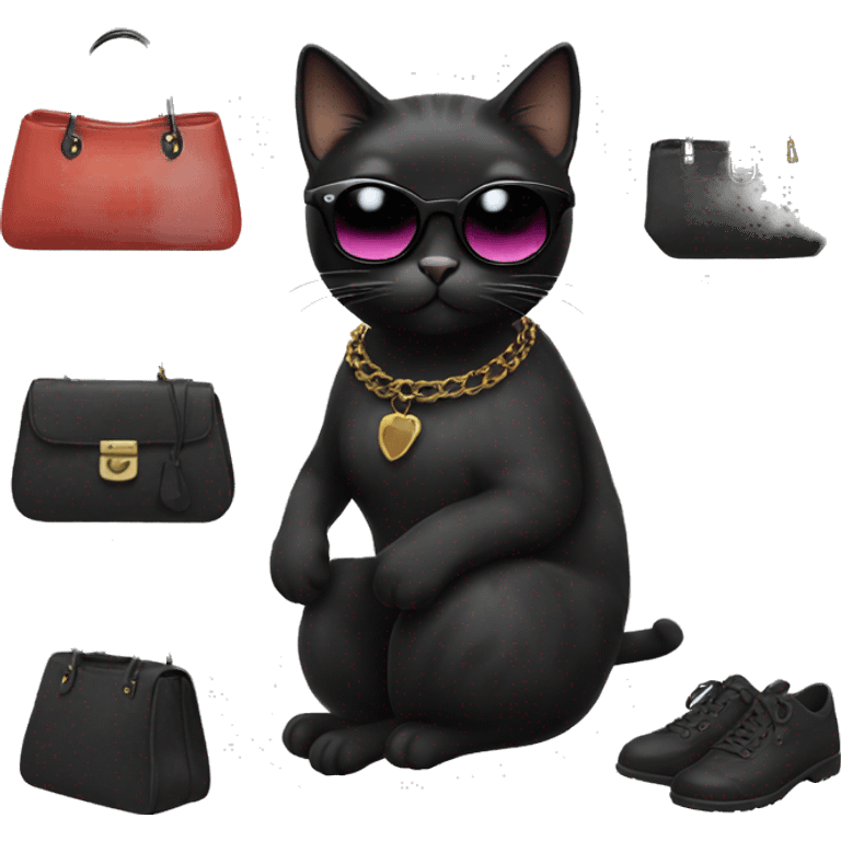 Black female cat with sunglasses and aesthetic bag emoji