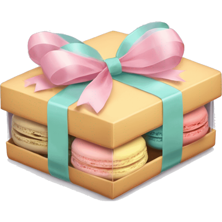 Realistic flat transparent box of pastel macaron cookies with ribbon bow tied around the box. emoji