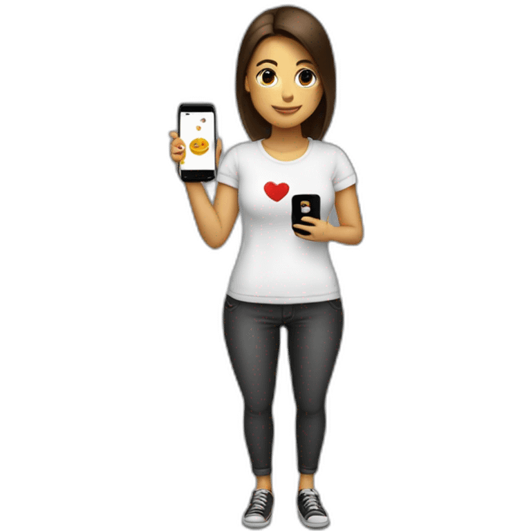 mujer con celular en mano y una remera que diga "I love chisme" emoji