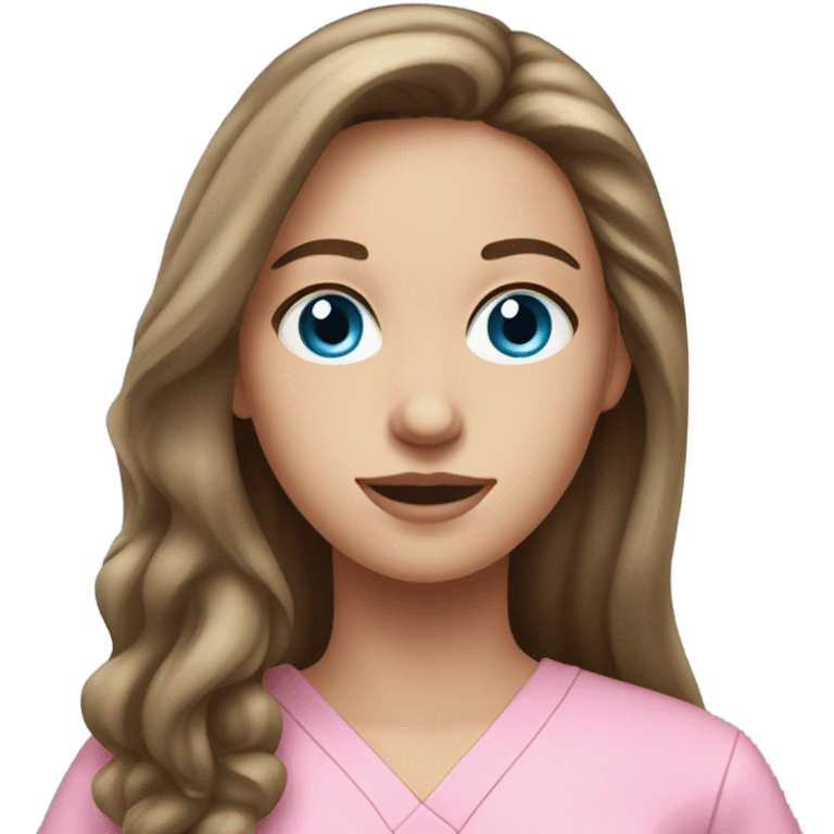 White girl with long brown hair with blue eyes in pink scrubs  emoji