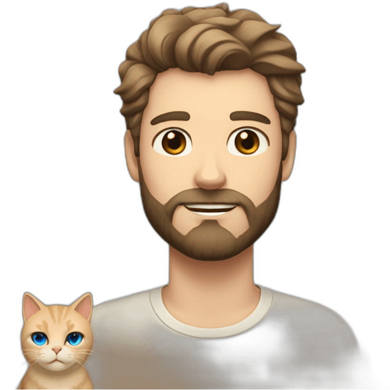 white man with dark beard hair blue eyes with a big fluffy beige cat emoji