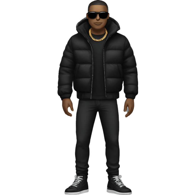  The man is wearing a black puffer jacket, black pants, and black sneakers. He is also wearing sunglasses and has a chain around his neck emoji