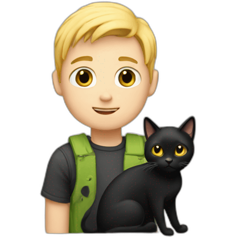 Boy with blonde hair holding a black cat emoji