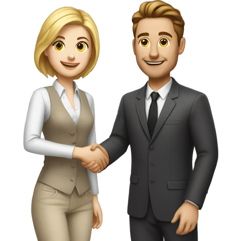 an adult restaurant owner and a young blogger shaking hands, both with fair skin, in great detail emoji