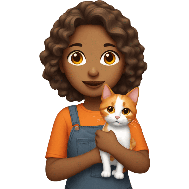 mexican girl with wavy hair, holding a calico/orange mixed cat emoji