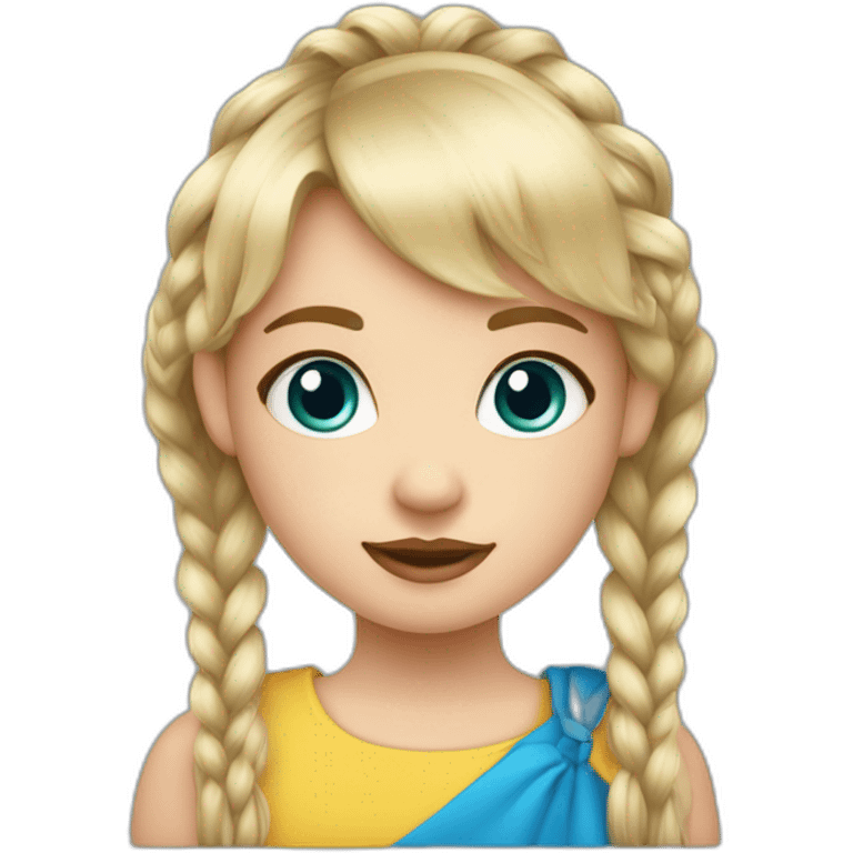 Niña rubia con flequillo, pelo por encima del hombro con trenza en un lado. Ojos azules emoji