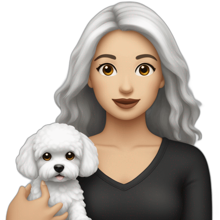 mujer piel blanca pelo largo negro y perro bichon blanco emoji