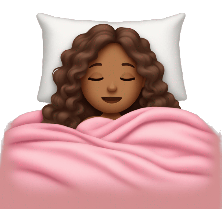 Brown girl with long  curly hair resting in bed with eyes closed pink blankets head on arm emoji