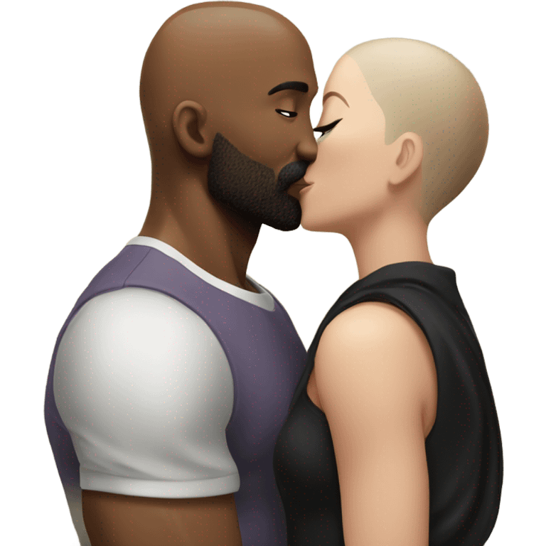 White brunette kissing muscular black bald man with beard emoji