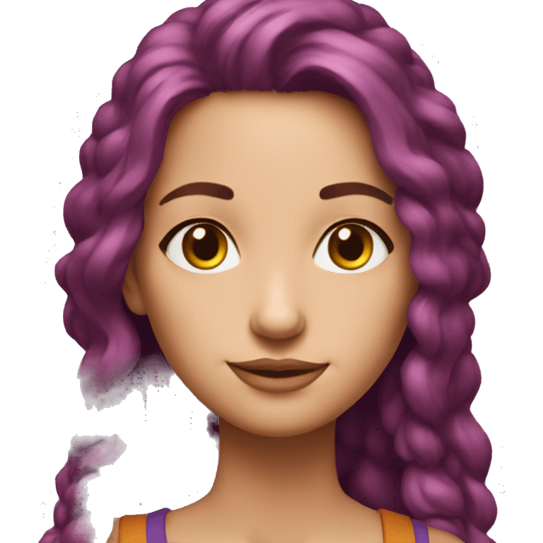 Woman 50 years, MIDI red-purple hair, a little hippie, beautiful honey eyes emoji