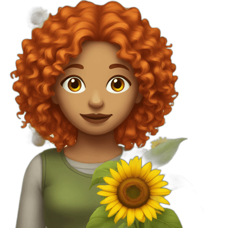 red-haired curly girl with a sunflower emoji