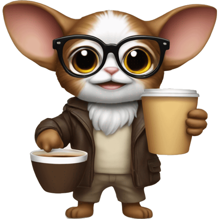 Cute gizmo from gremblins studyng with glasses and a coffe emoji