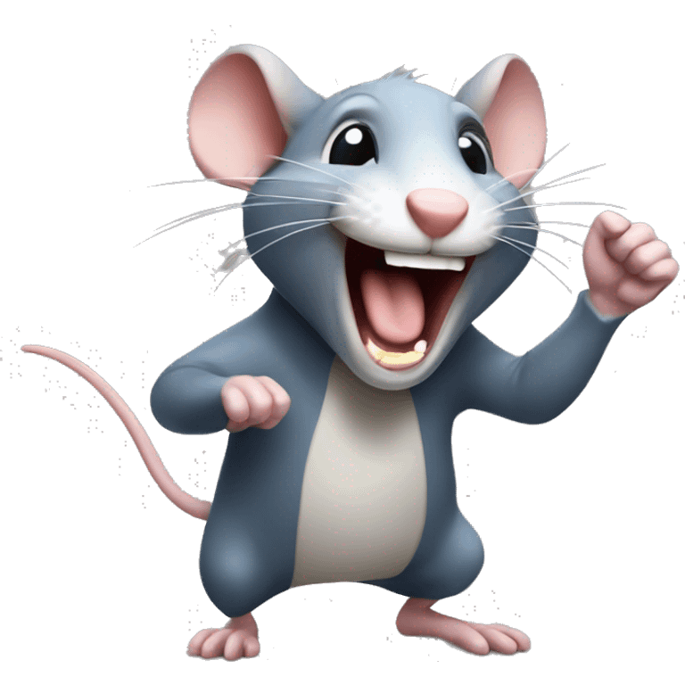 A Rat that is laughing out loud with a finger pointing at the person that read the text emoji