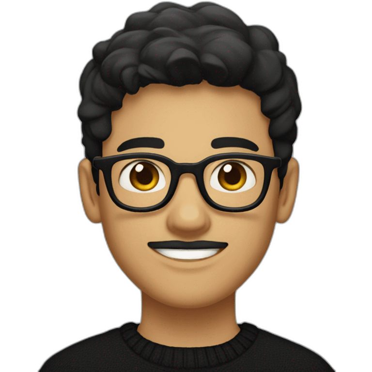 a light skin Pakistani teenager, wearing round glasses, short moustache, black straight hair, black jumper/sweater, structured manly face emoji