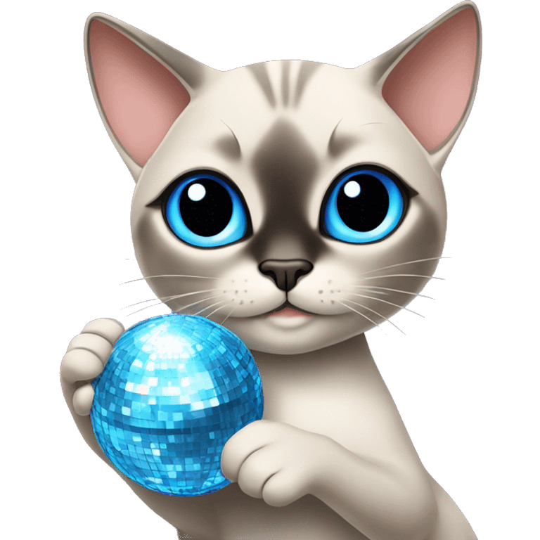 blue eyed siamese Tabby mixed cat holding a disco ball emoji