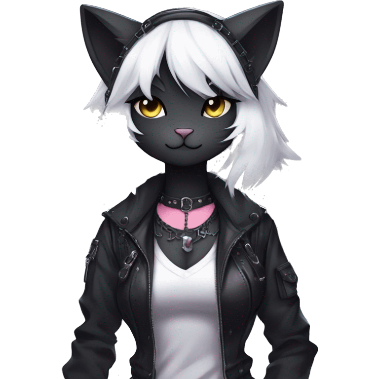 Gorgeous furry gothic dark techwear anime style anthro black cat furry sona Fakemon with blushing face aesthetic and pretty edgy black with collar and harness trending style emoji