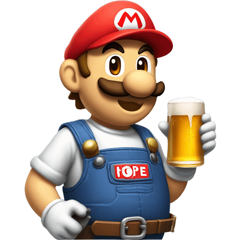 Mario plumber drinking beer with a shirt with the letters “HOPE” with a pipe wrench logo emoji