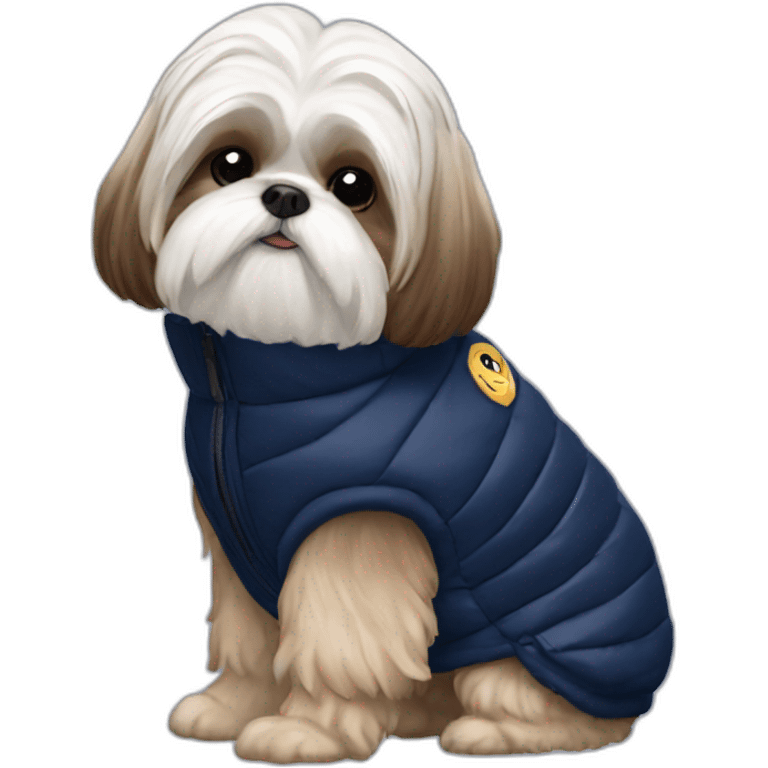 Side view White and brown Shih tzu in sleeveless navy blue puffer jacket emoji