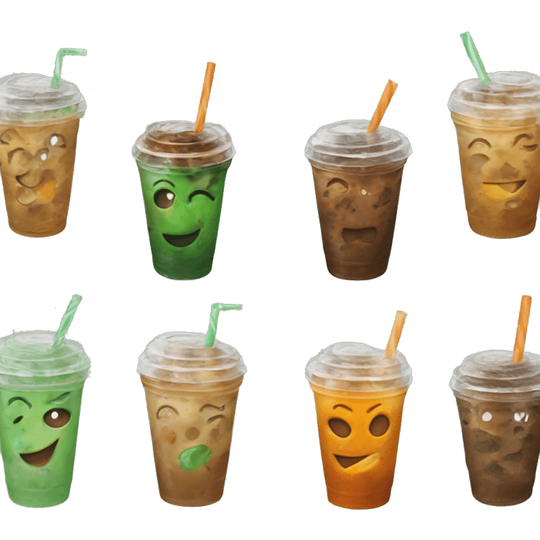 Realistic clear green ,orange,and brown swirled iced coffee inside and green curled straw in the top of the lid. emoji