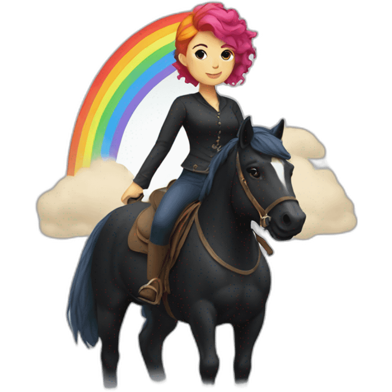 Woman with short rainbow hair riding a black horse emoji