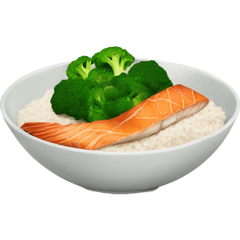 Bowl with rice, fried salmon and broccoli pieces  emoji