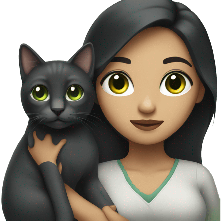 A Hispanic woman with  long black hair holding a Dark graycat with light green eyes emoji