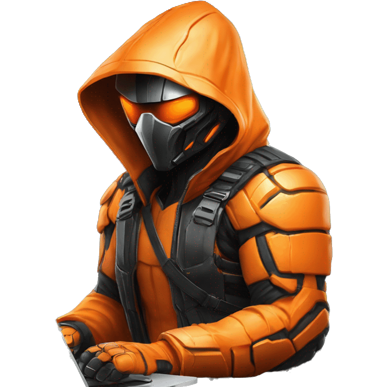 Side view developer behind his laptop with this style : crysis Cyberpunk Valorant orange glowing bright orange character orange black hooded assassin themed character emoji