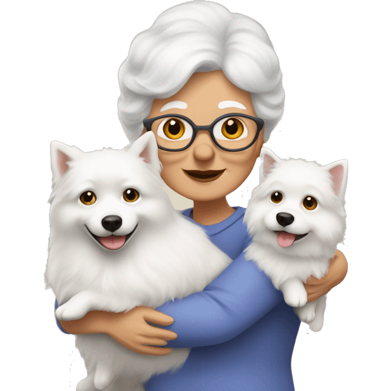 grandma with dark blonde hair hugs a white spitz dog. the grandma hair is dark blonde color emoji